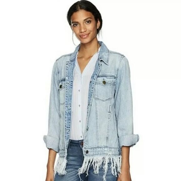 Blank NYC Blue Frayed Hem Denim Trucker Jacket XS - Picture 1 of 6